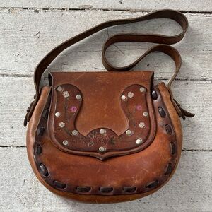 Vintage 70s Boho Genuine Leather Tooled Bag